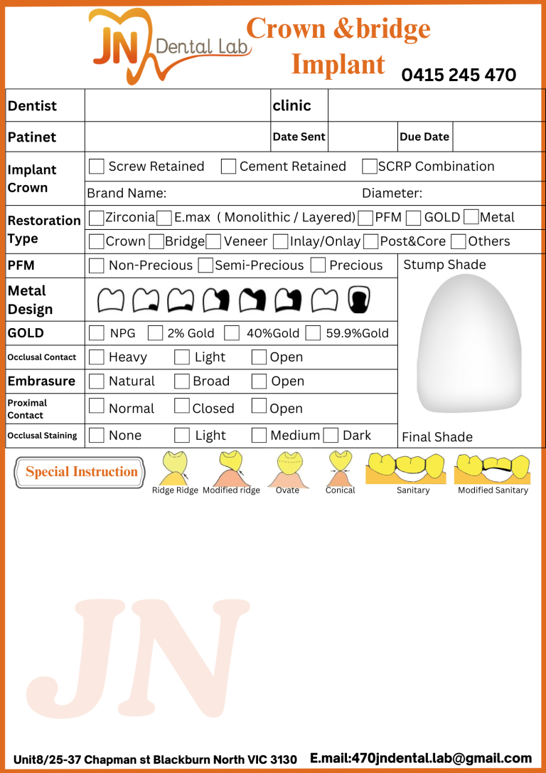 Crown Lab Script Lab Sheets – JN Dental Lab
